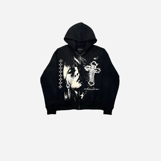 Black Vintage Gothic Printed Zip Hoodie Hominus Denim
