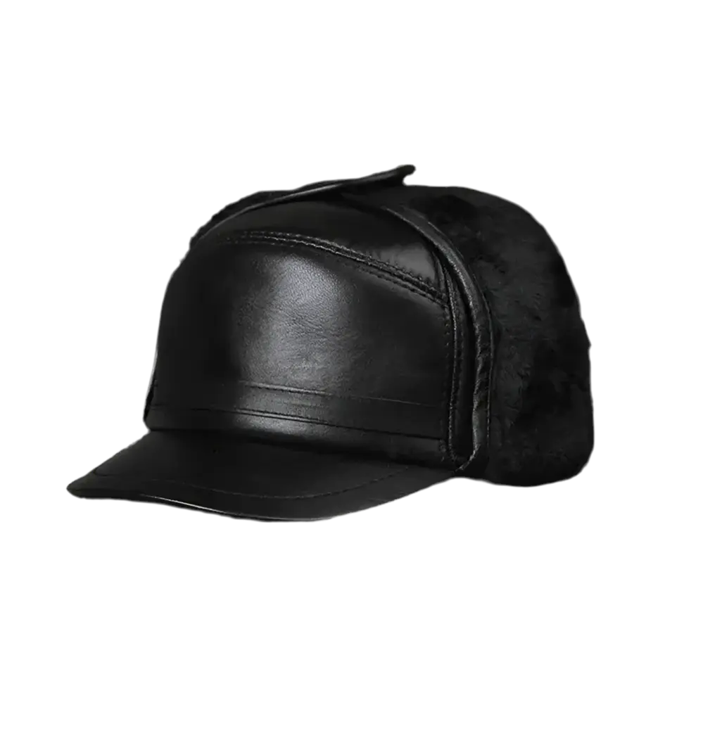 Black Vintage Leather Chapka Cap Hominus Denim