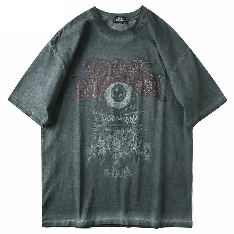 Black Washed Oversized Evil Gothic Eye Printed Design Tee - Hominus Denim