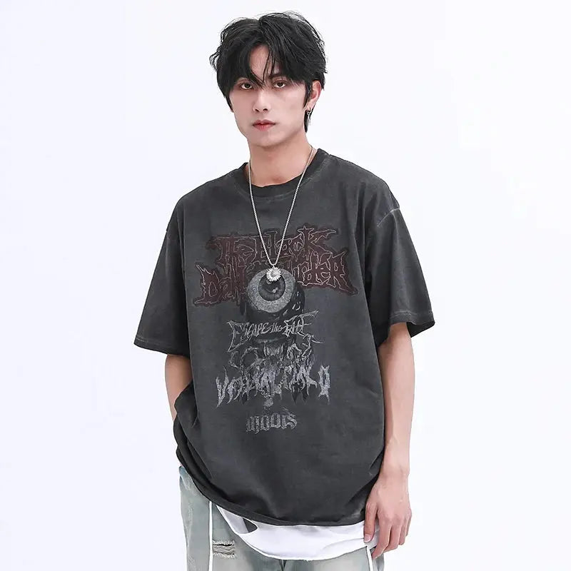 Black Washed Oversized Evil Gothic Eye Printed Design Tee - Hominus Denim