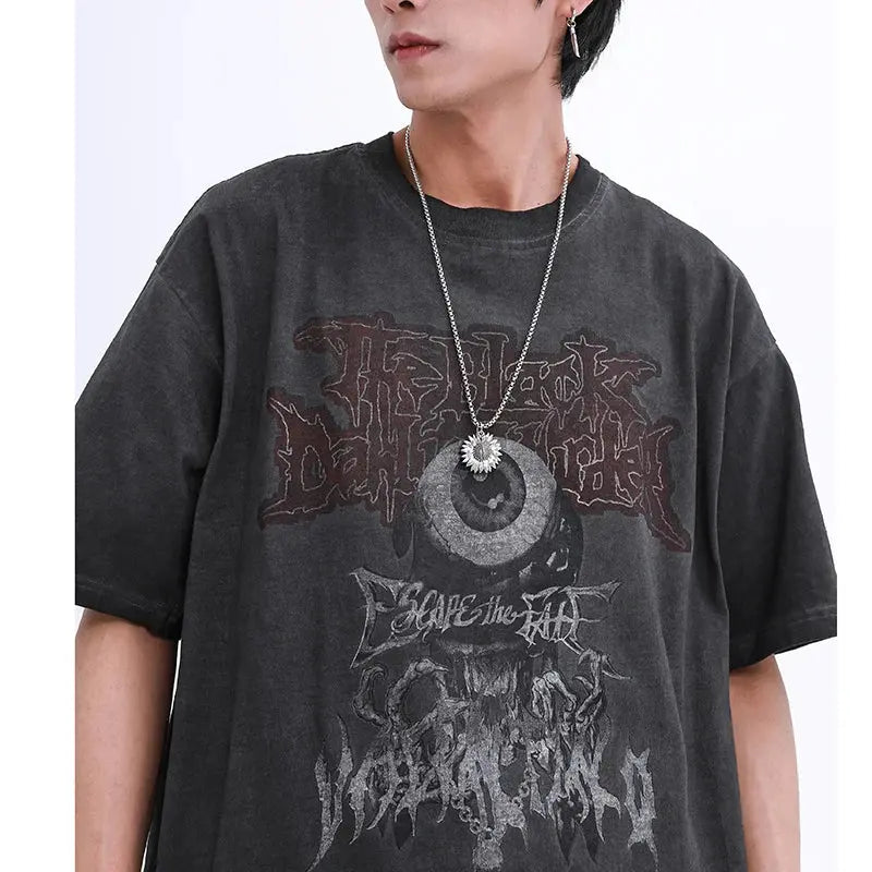 Black Washed Oversized Evil Gothic Eye Printed Design Tee - Hominus Denim