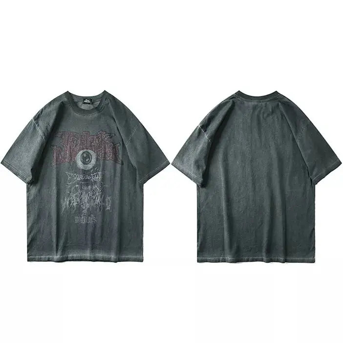 Black Washed Oversized Evil Gothic Eye Printed Design Tee - Hominus Denim