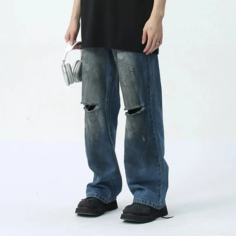 Blue Destroyed Worn Out Baggy Jean - Hominus Denim