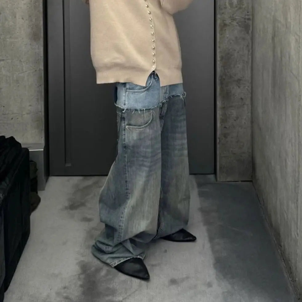 CUT-UP Double-layer Double Waist Patchwork Baggy Jeans for Men and Women Straight Casual Loose Denim Trousers Oversized Hominus Denim
