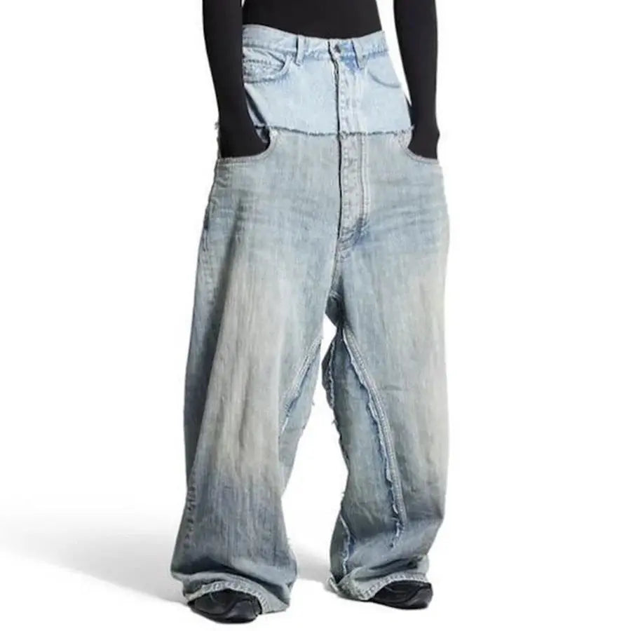 CUT-UP Double-layer Double Waist Patchwork Baggy Jeans for Men and Women Straight Casual Loose Denim Trousers Oversized Hominus Denim