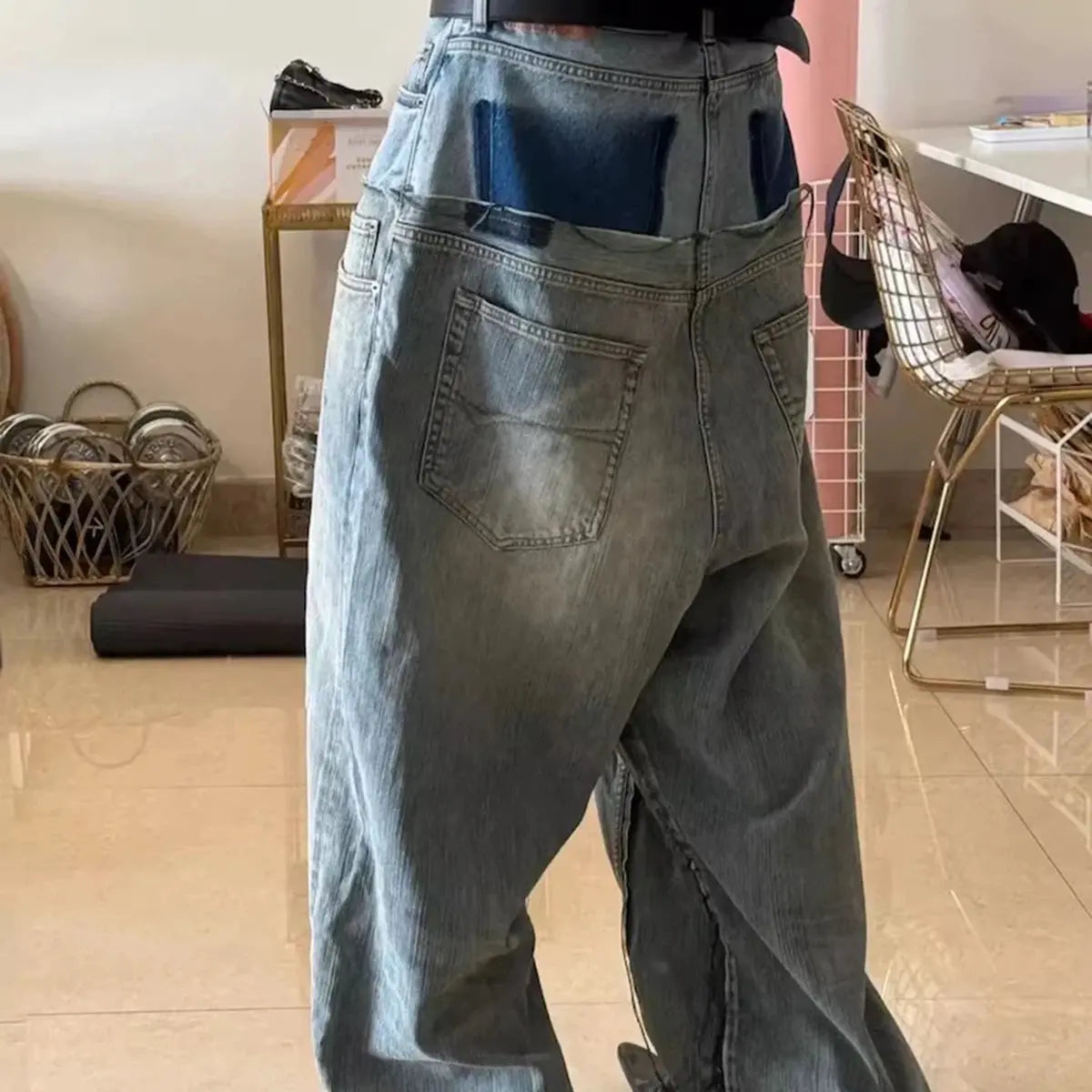 CUT-UP Double-layer Double Waist Patchwork Baggy Jeans for Men and Women Straight Casual Loose Denim Trousers Oversized Hominus Denim