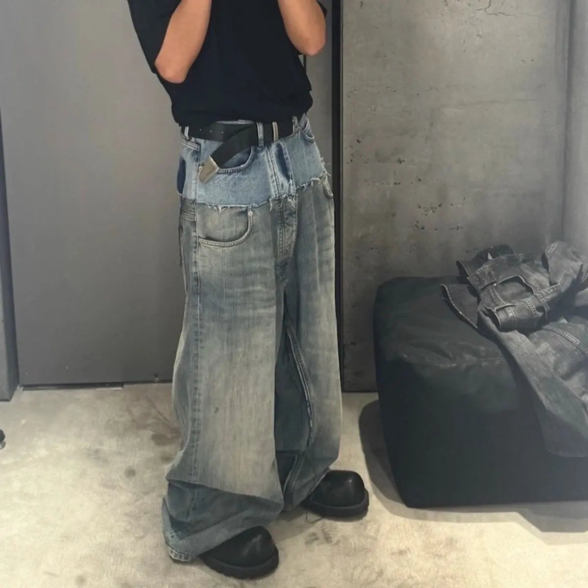 CUT-UP Double-layer Double Waist Patchwork Baggy Jeans for Men and Women Straight Casual Loose Denim Trousers Oversized Hominus Denim