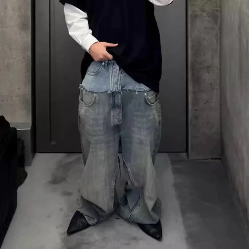 CUT-UP Double-layer Double Waist Patchwork Baggy Jeans for Men and Women Straight Casual Loose Denim Trousers Oversized Hominus Denim