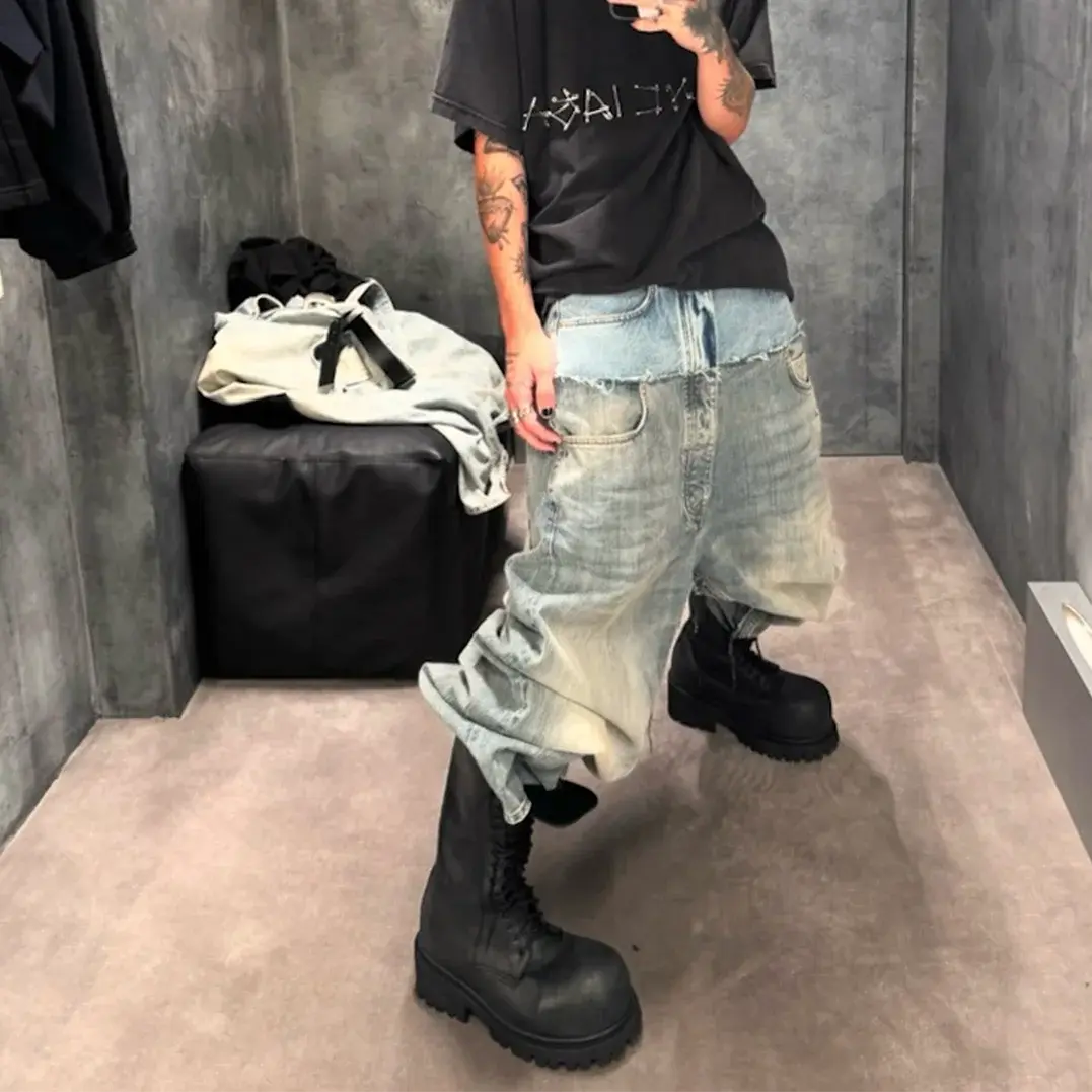 CUT-UP Double-layer Double Waist Patchwork Baggy Jeans for Men and Women Straight Casual Loose Denim Trousers Oversized Hominus Denim