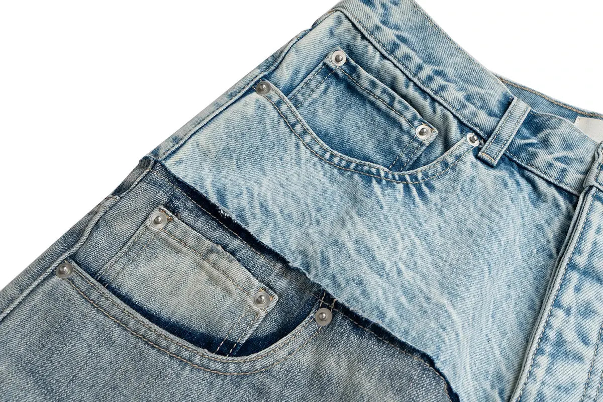 CUT-UP Double-layer Double Waist Patchwork Baggy Jeans for Men and Women Straight Casual Loose Denim Trousers Oversized Hominus Denim