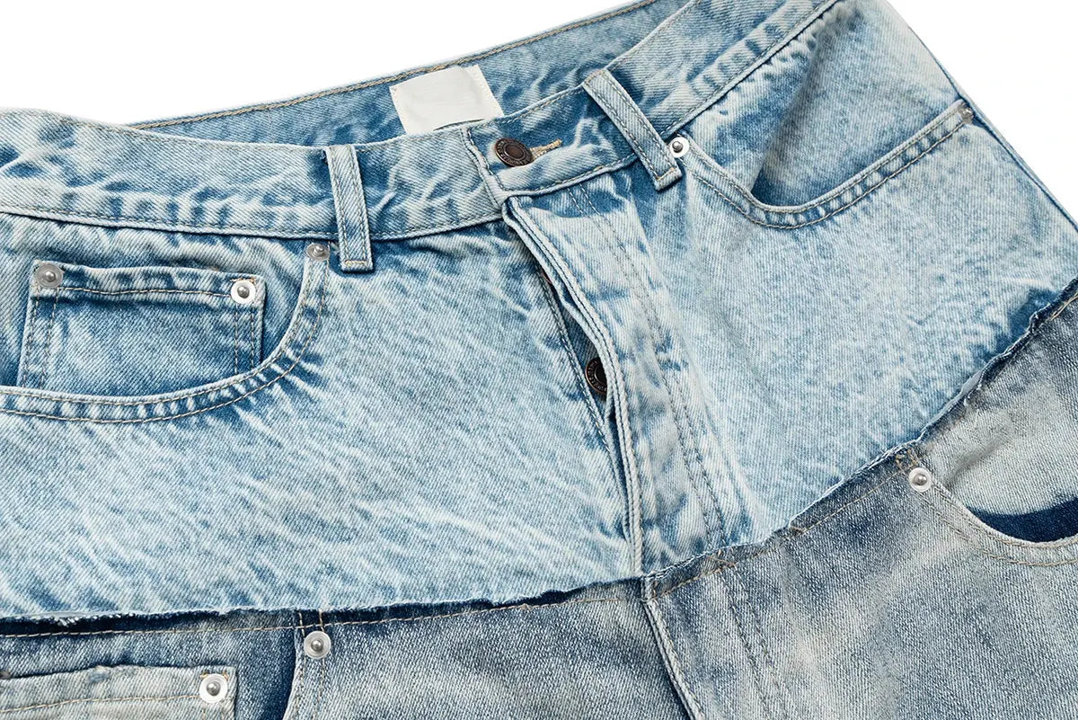 CUT-UP Double-layer Double Waist Patchwork Baggy Jeans for Men and Women Straight Casual Loose Denim Trousers Oversized Hominus Denim