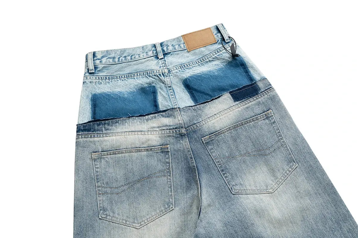 CUT-UP Double-layer Double Waist Patchwork Baggy Jeans for Men and Women Straight Casual Loose Denim Trousers Oversized Hominus Denim