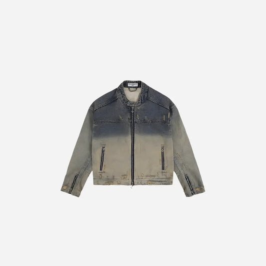 Collarless Ripped Washed Denim Jacket Hominus Denim