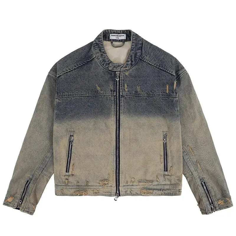 Collarless Ripped Washed Denim Jacket - Hominus Denim