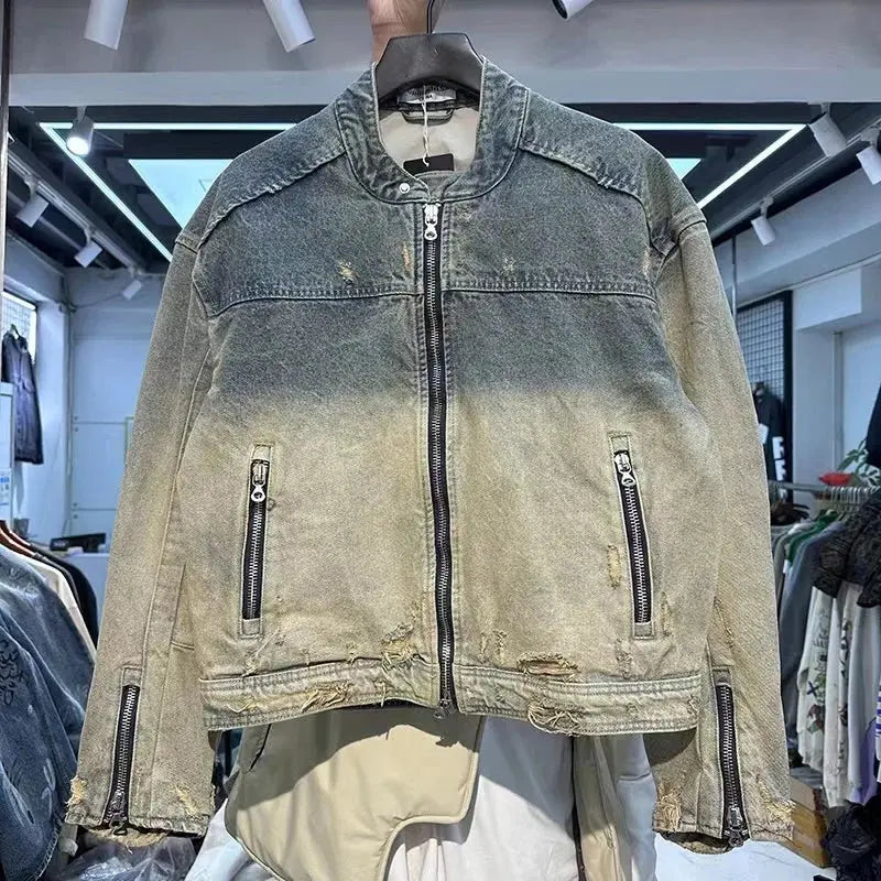 Collarless Ripped Washed Denim Jacket - Hominus Denim