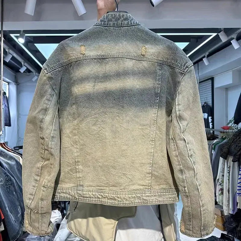 Collarless Ripped Washed Denim Jacket - Hominus Denim