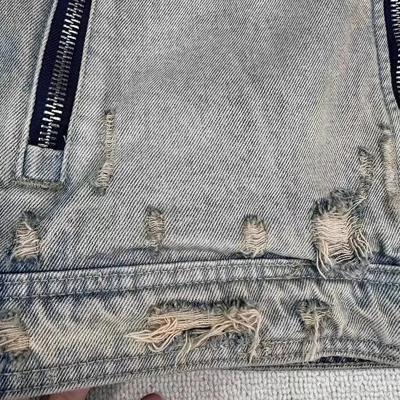 Collarless Ripped Washed Denim Jacket - Hominus Denim
