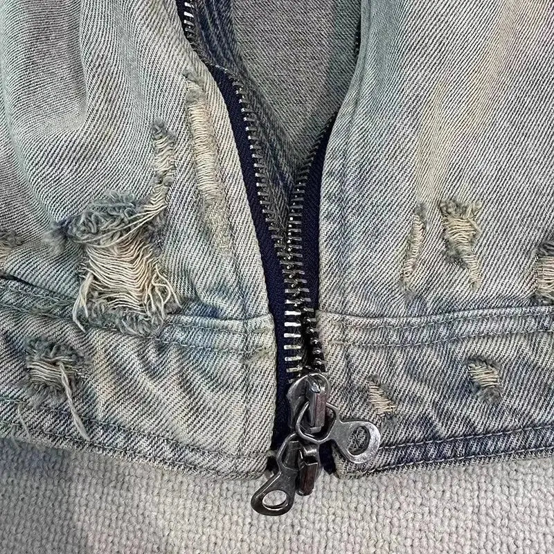 Collarless Ripped Washed Denim Jacket - Hominus Denim