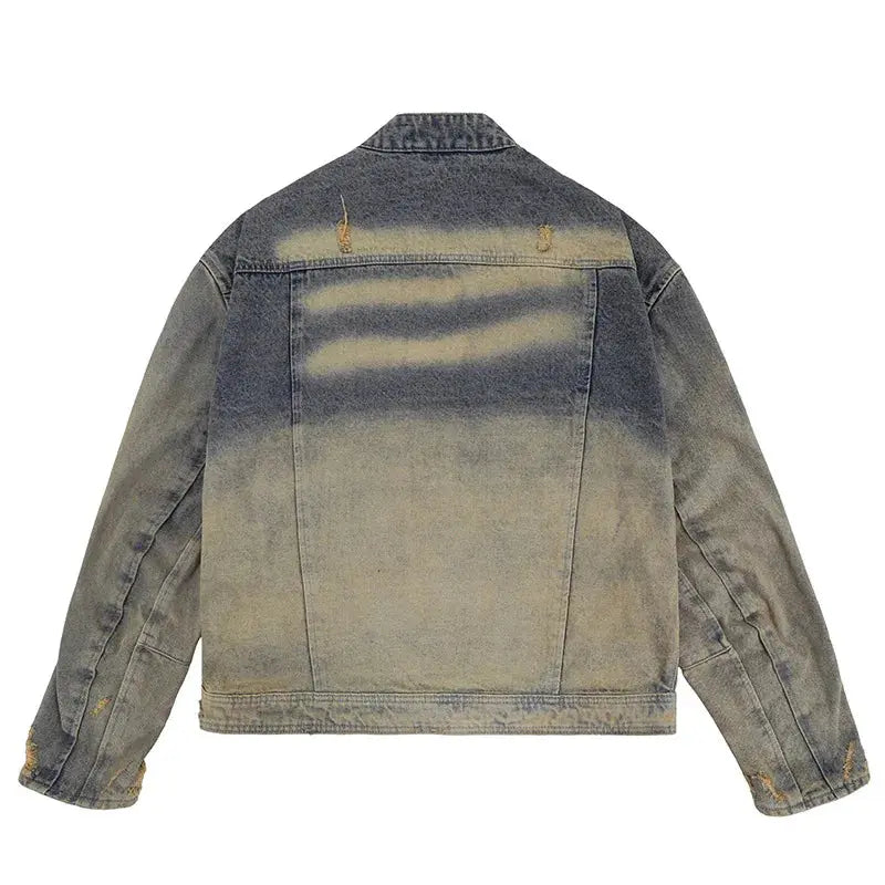 Collarless Ripped Washed Denim Jacket - Hominus Denim