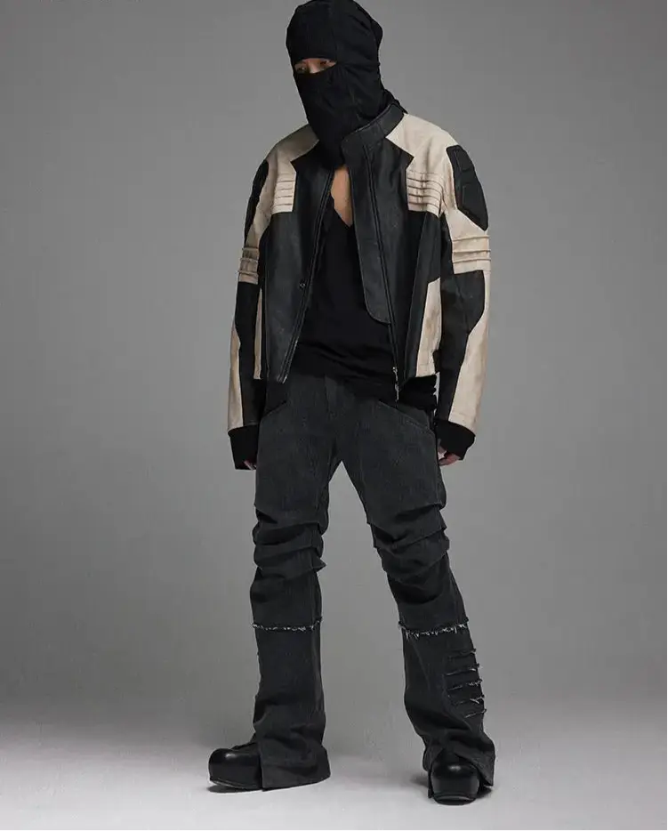 Color Block Patchwork Leather Jacket Hominus Denim