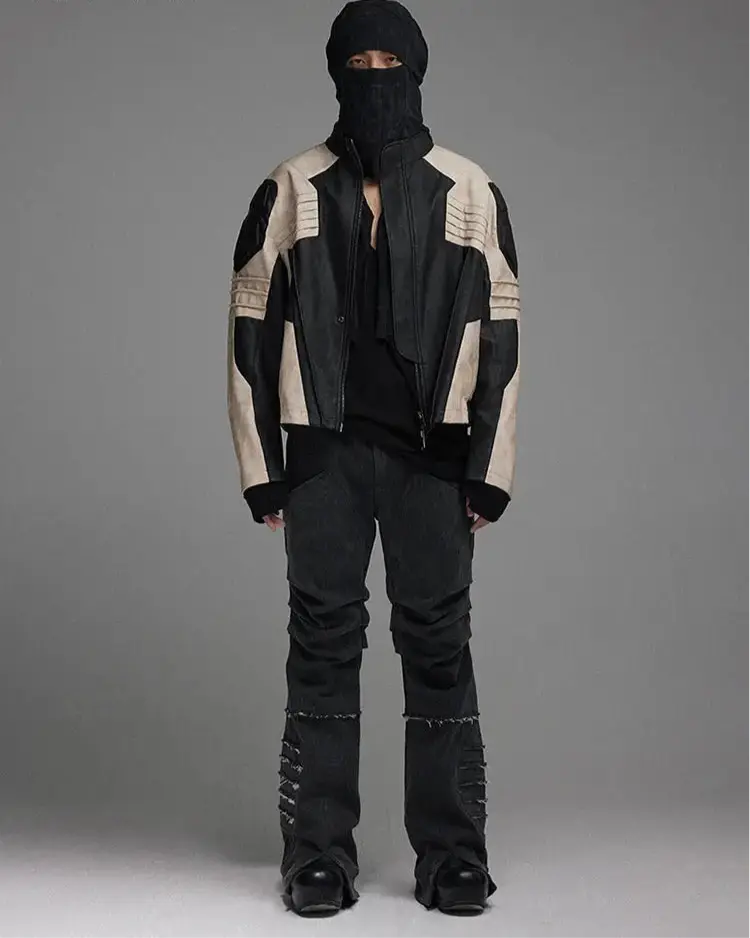 Color Block Patchwork Leather Jacket Hominus Denim