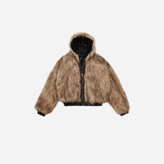Cropped Reversible Hooded Faux Fur Jacket Hominus Denim