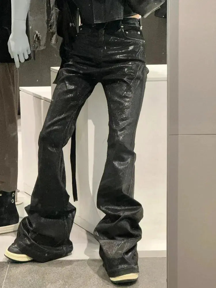 Dark Bootcut Wax Leather Flared Pant - Hominus Denim