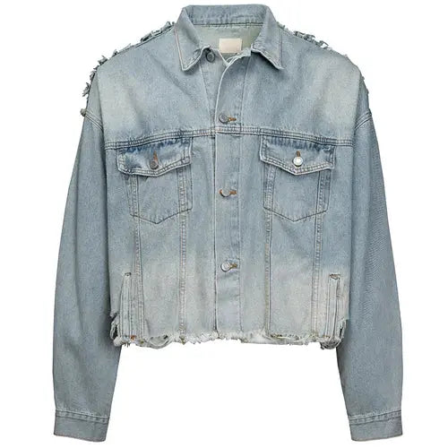 Cropped Destroyed Washed Raw Denim Jacket - Hominus Denim