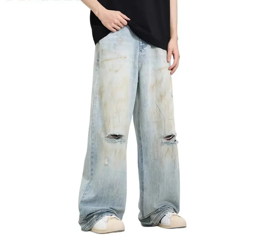 Dirty Ripped Wide Leg Washed Denim Jean Hominus Denim