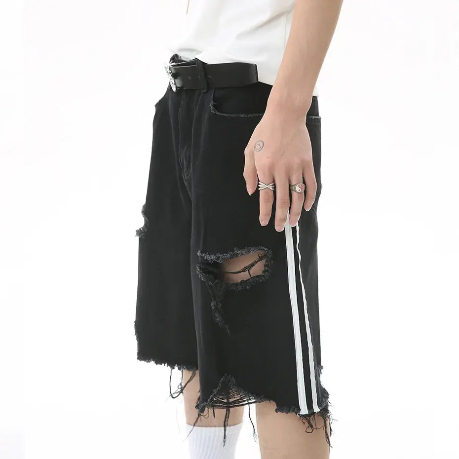 Distressed Side Striped Ripped Denim Short - Hominus Denim
