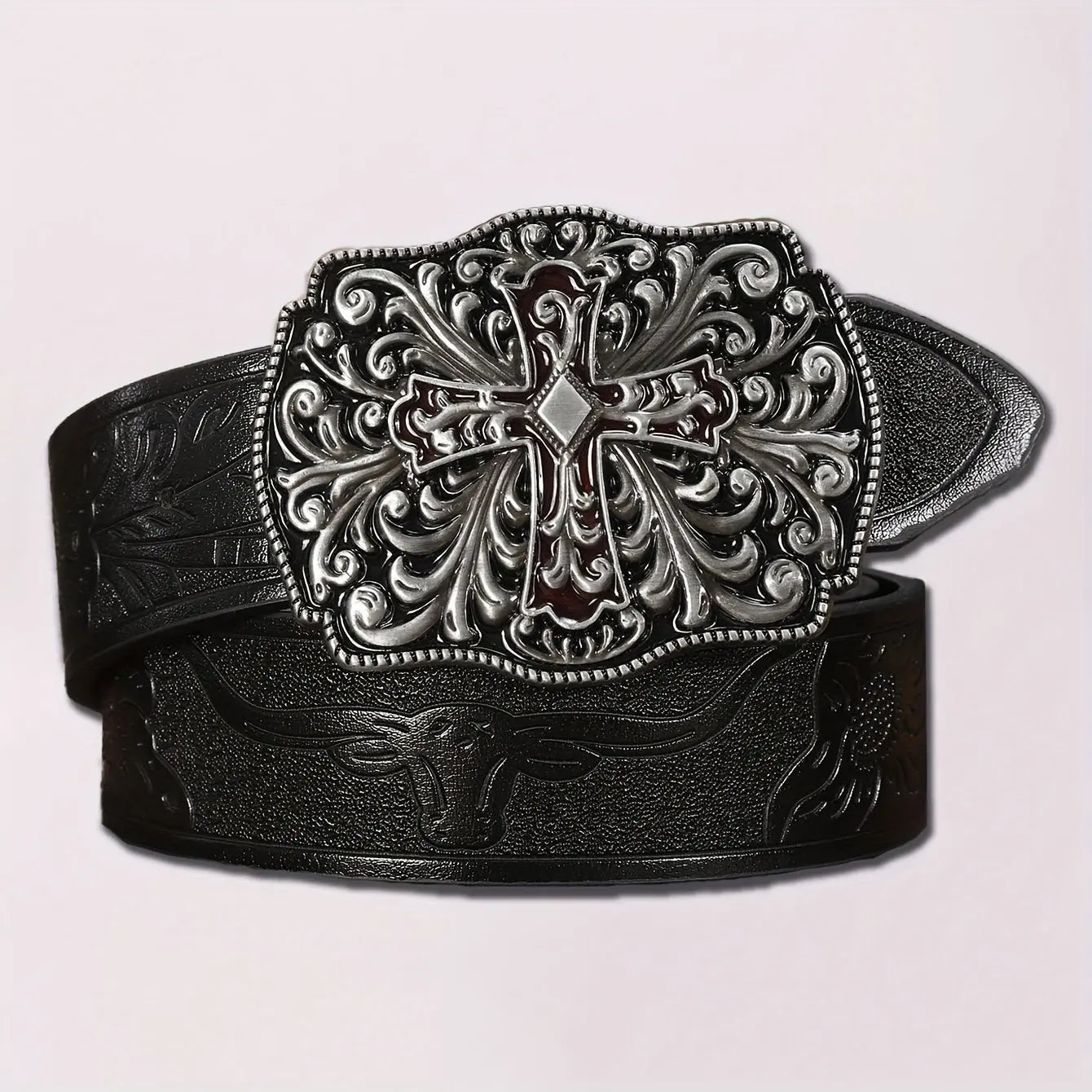 1pc BULLZINE Western Faux Leather Belt - Vintage Punk Style, Faux Leather, Black with Red Cross Buckle, Embossed Pattern, Soft & Comfortable, Sizes: 3.8*105cm/3.8*115cm/3.8*125cm, for Casual Outings/College/Daily Commute/Even Hominus Denim