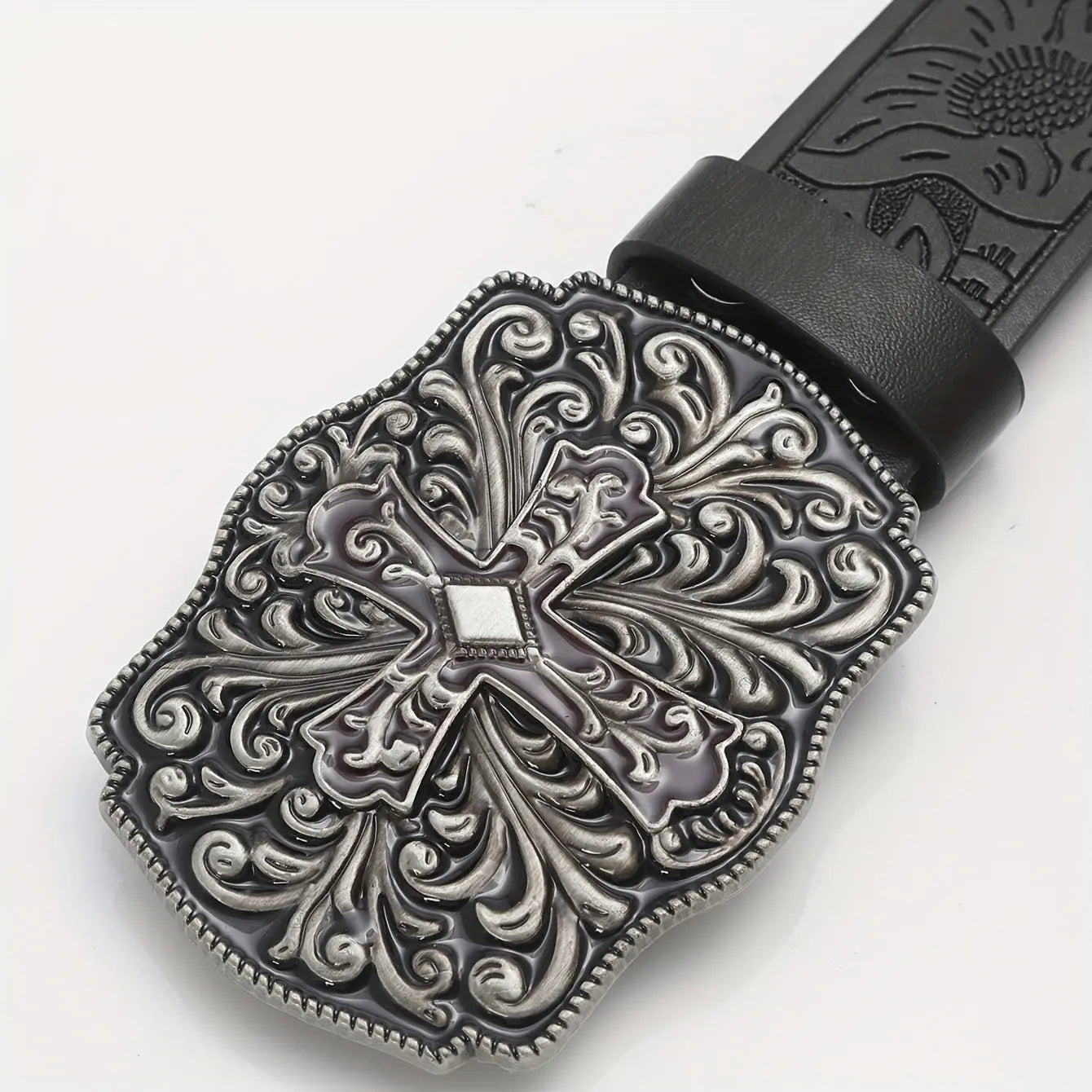 1pc BULLZINE Western Faux Leather Belt - Vintage Punk Style, Faux Leather, Black with Red Cross Buckle, Embossed Pattern, Soft & Comfortable, Sizes: 3.8*105cm/3.8*115cm/3.8*125cm, for Casual Outings/College/Daily Commute/Even Hominus Denim