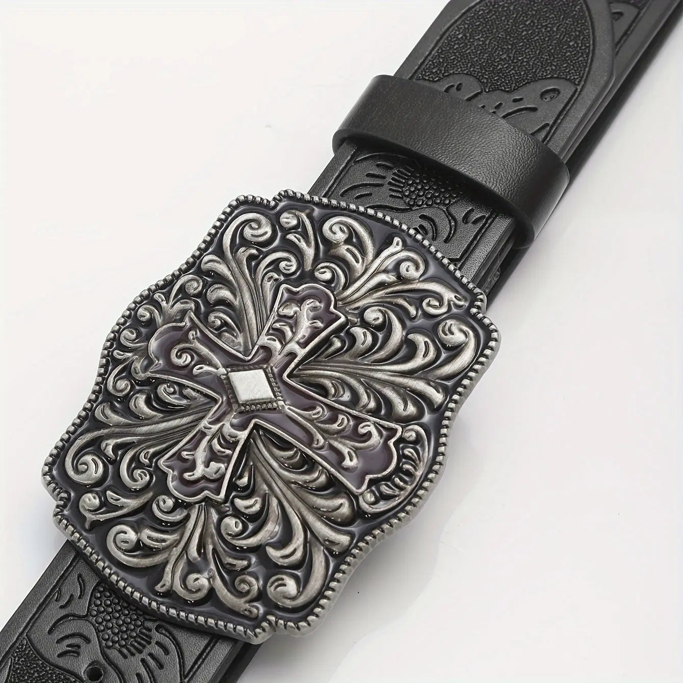 1pc BULLZINE Western Faux Leather Belt - Vintage Punk Style, Faux Leather, Black with Red Cross Buckle, Embossed Pattern, Soft & Comfortable, Sizes: 3.8*105cm/3.8*115cm/3.8*125cm, for Casual Outings/College/Daily Commute/Even Hominus Denim