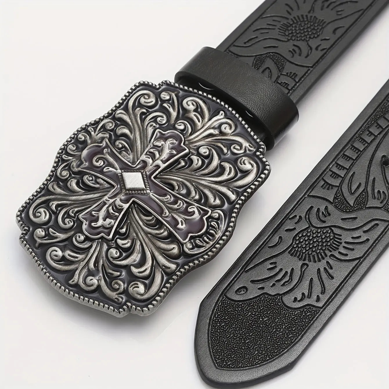 1pc BULLZINE Western Faux Leather Belt - Vintage Punk Style, Faux Leather, Black with Red Cross Buckle, Embossed Pattern, Soft & Comfortable, Sizes: 3.8*105cm/3.8*115cm/3.8*125cm, for Casual Outings/College/Daily Commute/Even Hominus Denim