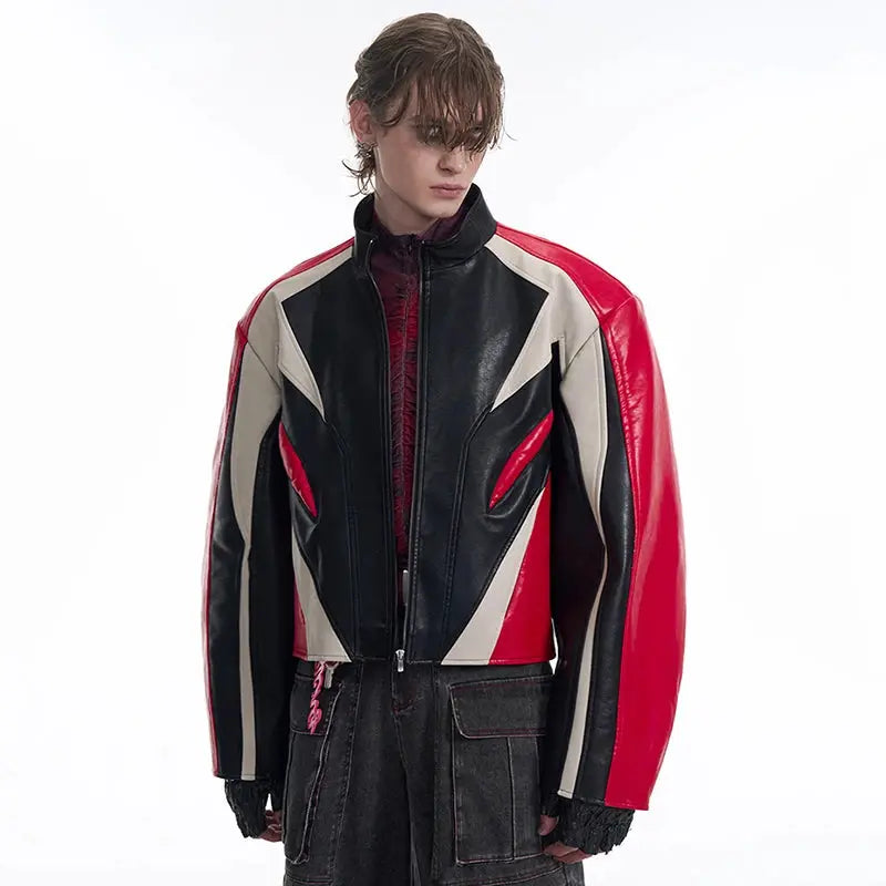 FEWQ Short Stand Collar Men's PU Leather Coats Curved Knife Sleeve Contrast Color Patchwork Loose Silhouette Male Jacket 24K2233 Hominus Denim
