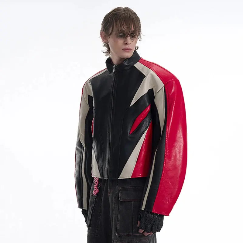 FEWQ Short Stand Collar Men's PU Leather Coats Curved Knife Sleeve Contrast Color Patchwork Loose Silhouette Male Jacket 24K2233 Hominus Denim