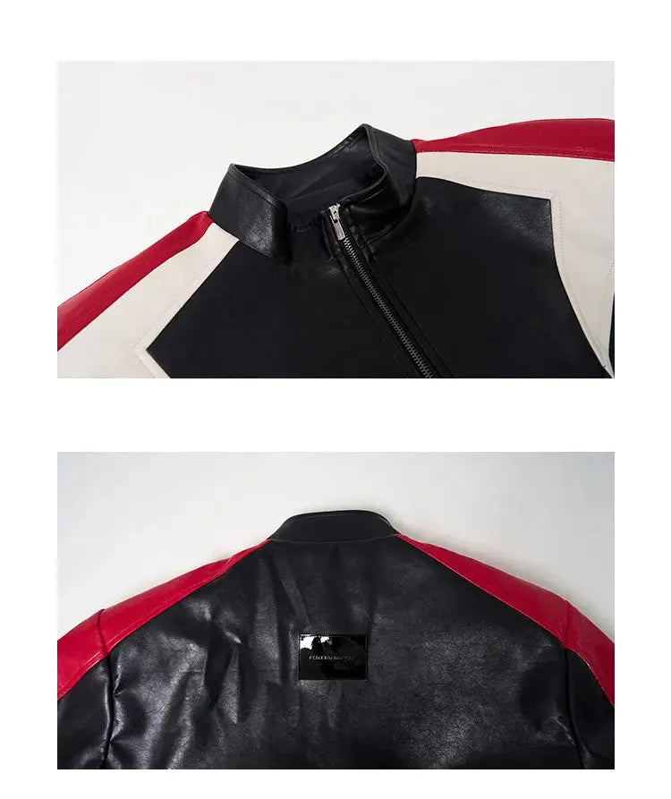 FEWQ Short Stand Collar Men's PU Leather Coats Curved Knife Sleeve Contrast Color Patchwork Loose Silhouette Male Jacket 24K2233 Hominus Denim