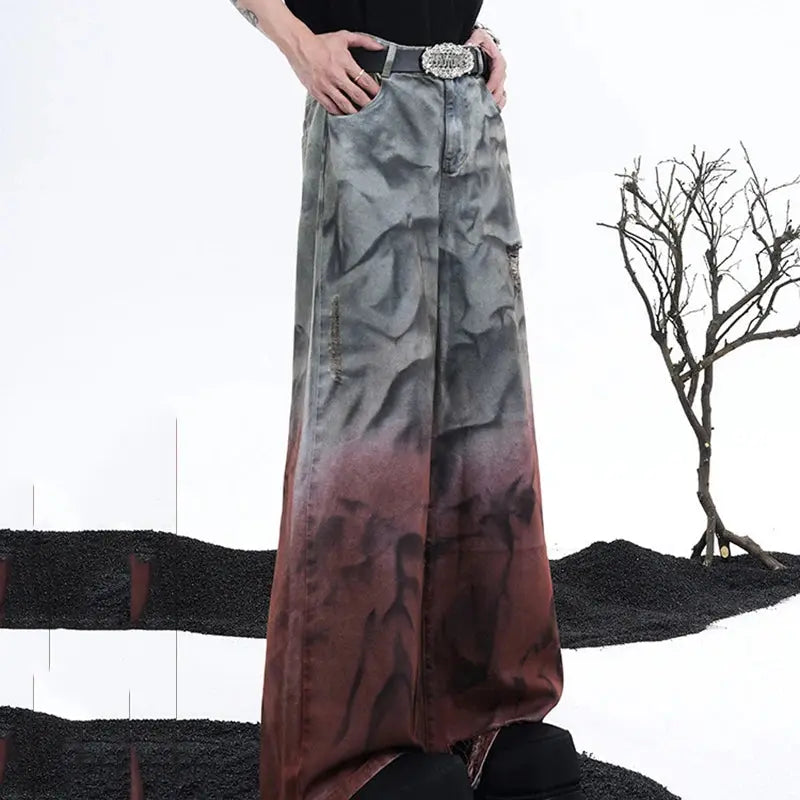 FEWQ Wide Legged Men Jeans Holes Gradient Washed Old Straight Leg Pants 2024 Tie Dyeing New Fashion Male Trousers 24E1126 Hominus Denim