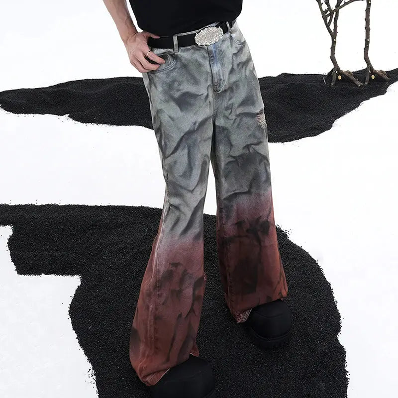 FEWQ Wide Legged Men Jeans Holes Gradient Washed Old Straight Leg Pants 2024 Tie Dyeing New Fashion Male Trousers 24E1126 Hominus Denim
