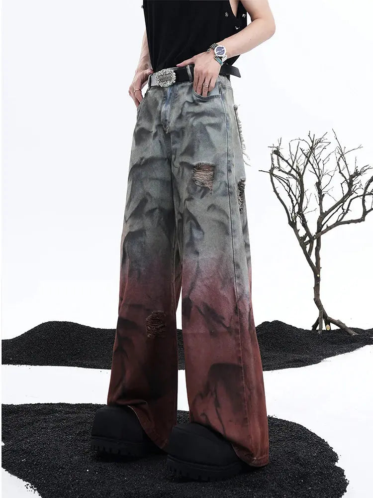 FEWQ Wide Legged Men Jeans Holes Gradient Washed Old Straight Leg Pants 2024 Tie Dyeing New Fashion Male Trousers 24E1126 Hominus Denim