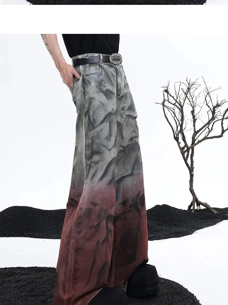 FEWQ Wide Legged Men Jeans Holes Gradient Washed Old Straight Leg Pants 2024 Tie Dyeing New Fashion Male Trousers 24E1126 Hominus Denim