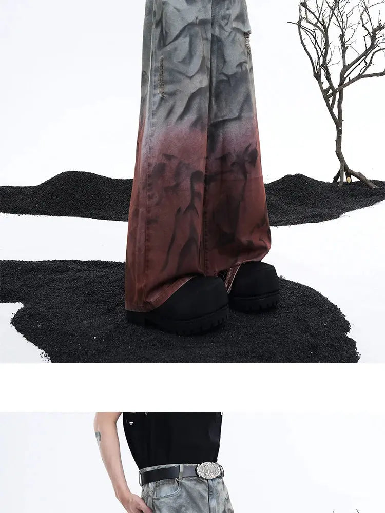 FEWQ Wide Legged Men Jeans Holes Gradient Washed Old Straight Leg Pants 2024 Tie Dyeing New Fashion Male Trousers 24E1126 Hominus Denim