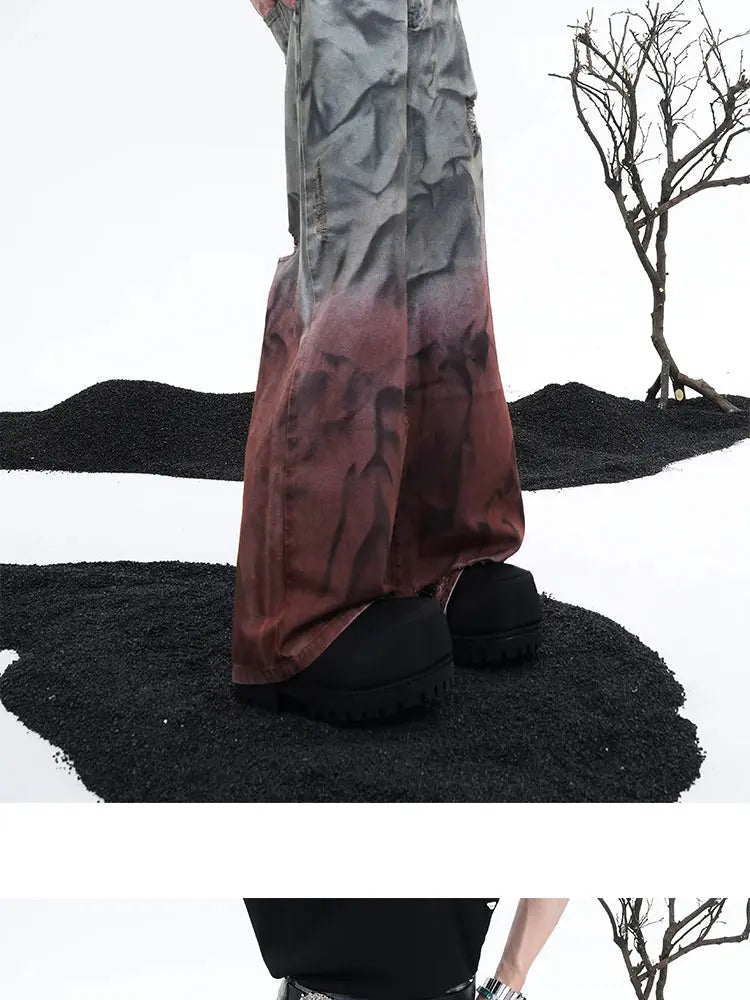 FEWQ Wide Legged Men Jeans Holes Gradient Washed Old Straight Leg Pants 2024 Tie Dyeing New Fashion Male Trousers 24E1126 Hominus Denim