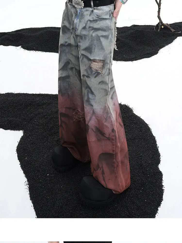 FEWQ Wide Legged Men Jeans Holes Gradient Washed Old Straight Leg Pants 2024 Tie Dyeing New Fashion Male Trousers 24E1126 Hominus Denim
