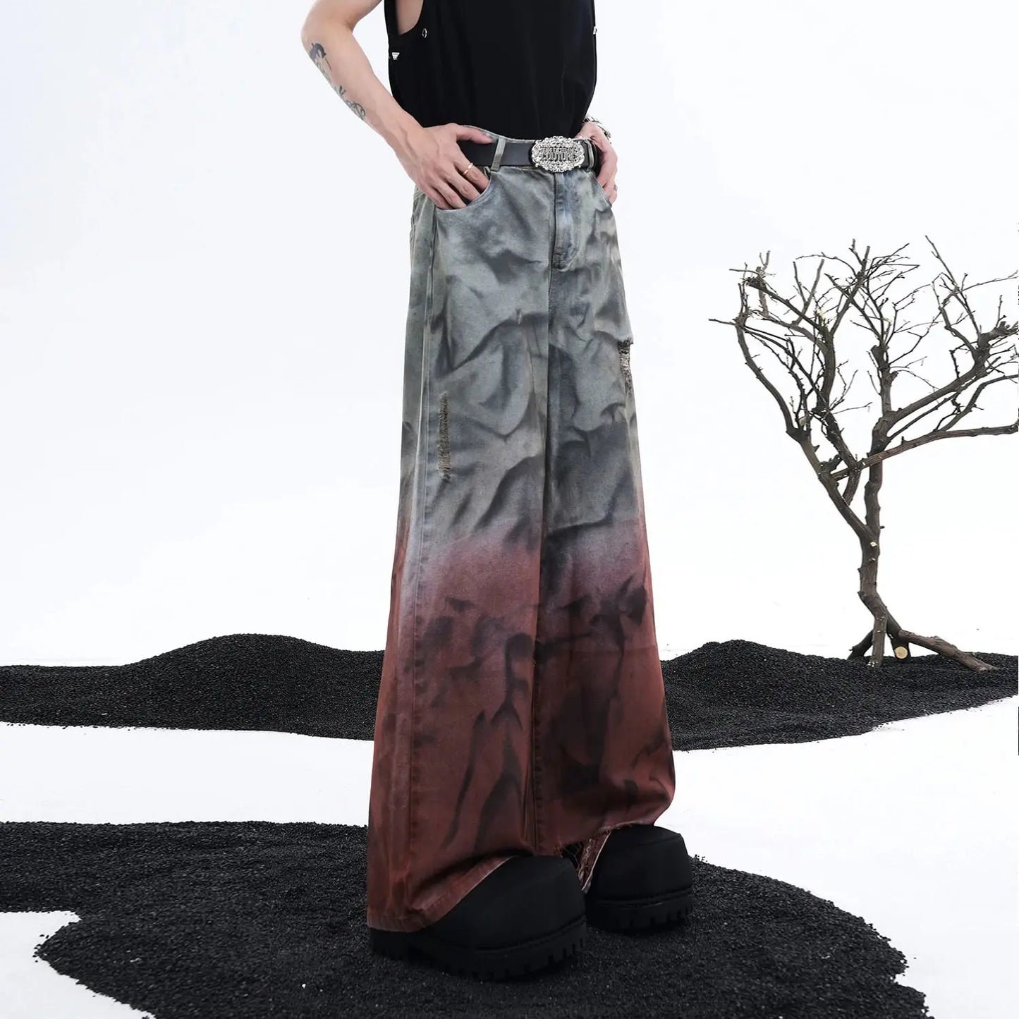 FEWQ Wide Legged Men Jeans Holes Gradient Washed Old Straight Leg Pants 2024 Tie Dyeing New Fashion Male Trousers 24E1126 Hominus Denim