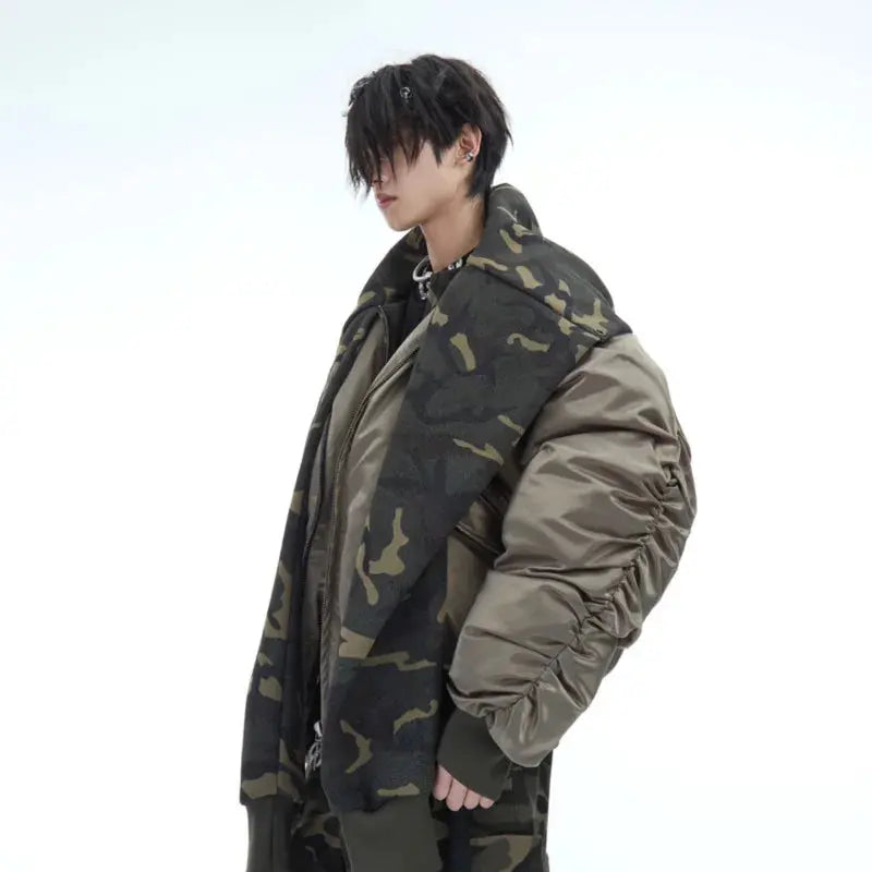 FEWQ Winter Niche Camouflage Hooded Patchwork Design Loose Cotton Jacket 2024 Patchwork Long Sleeve Male Tops 24E5467 Hominus Denim
