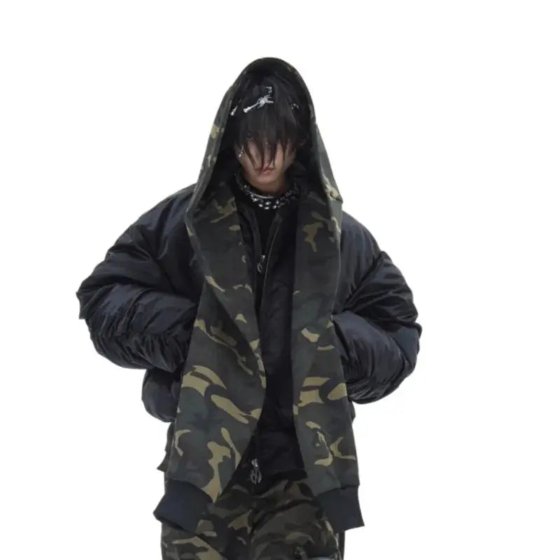 FEWQ Winter Niche Camouflage Hooded Patchwork Design Loose Cotton Jacket 2024 Patchwork Long Sleeve Male Tops 24E5467 Hominus Denim