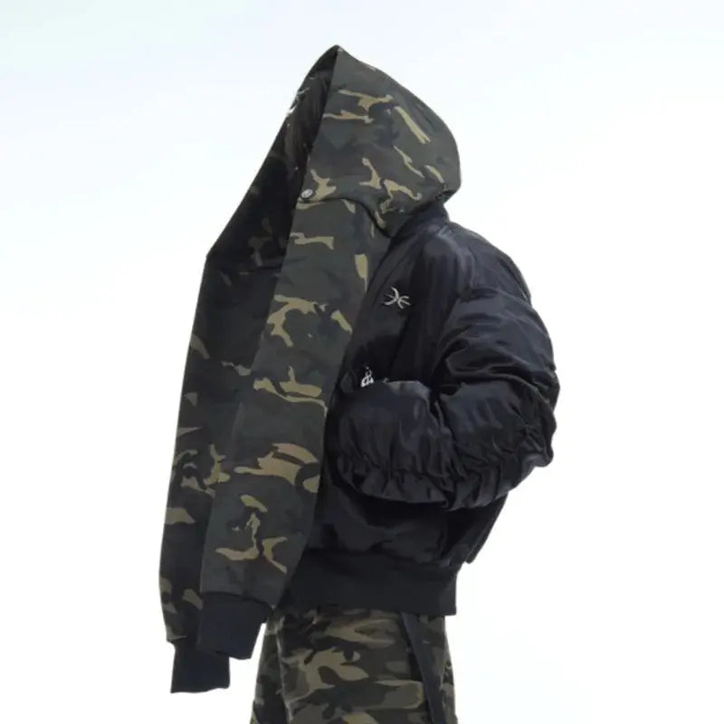 FEWQ Winter Niche Camouflage Hooded Patchwork Design Loose Cotton Jacket 2024 Patchwork Long Sleeve Male Tops 24E5467 Hominus Denim