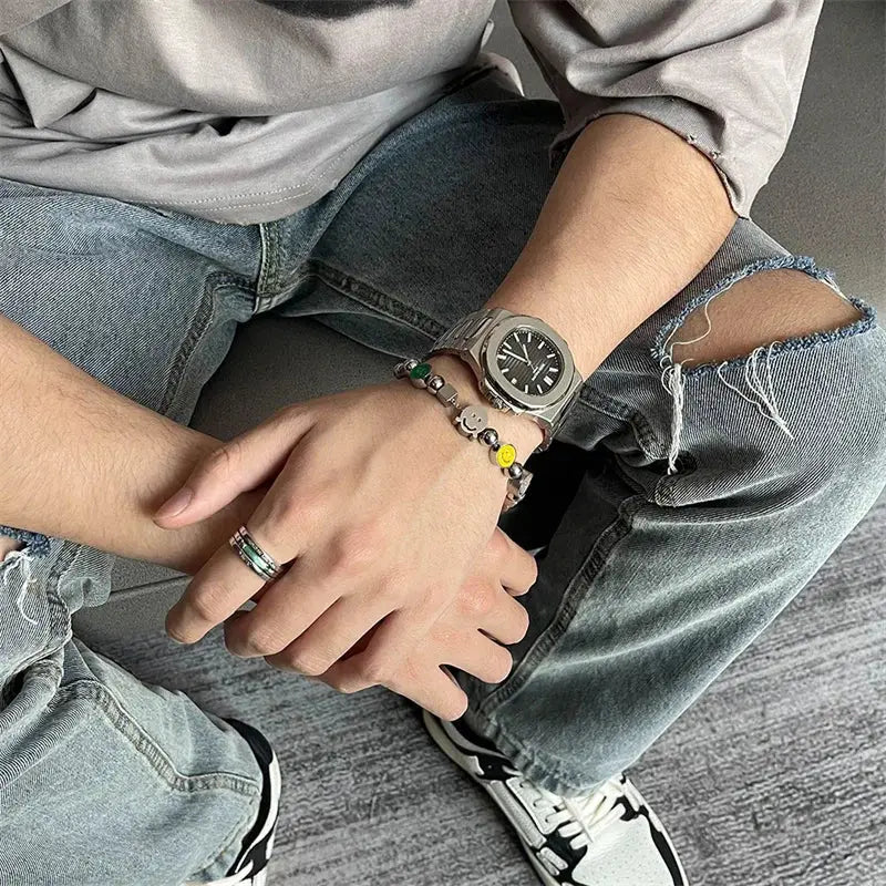 Face Patchwork Titanium Steel Bracelet - Hominus Denim