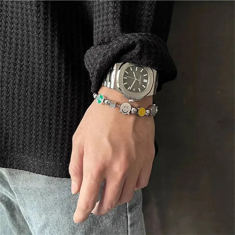 Face Patchwork Titanium Steel Bracelet - Hominus Denim